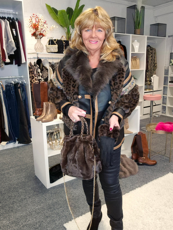 Oslo Faux Fur/Faux Leather Jacket - Chocolate Leopard - (Oversized fits Size 14 to Size 16/18)