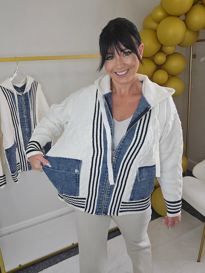 Callie Cable Hoodie with Denim - One Size - fits from Size 12 up to Size 18