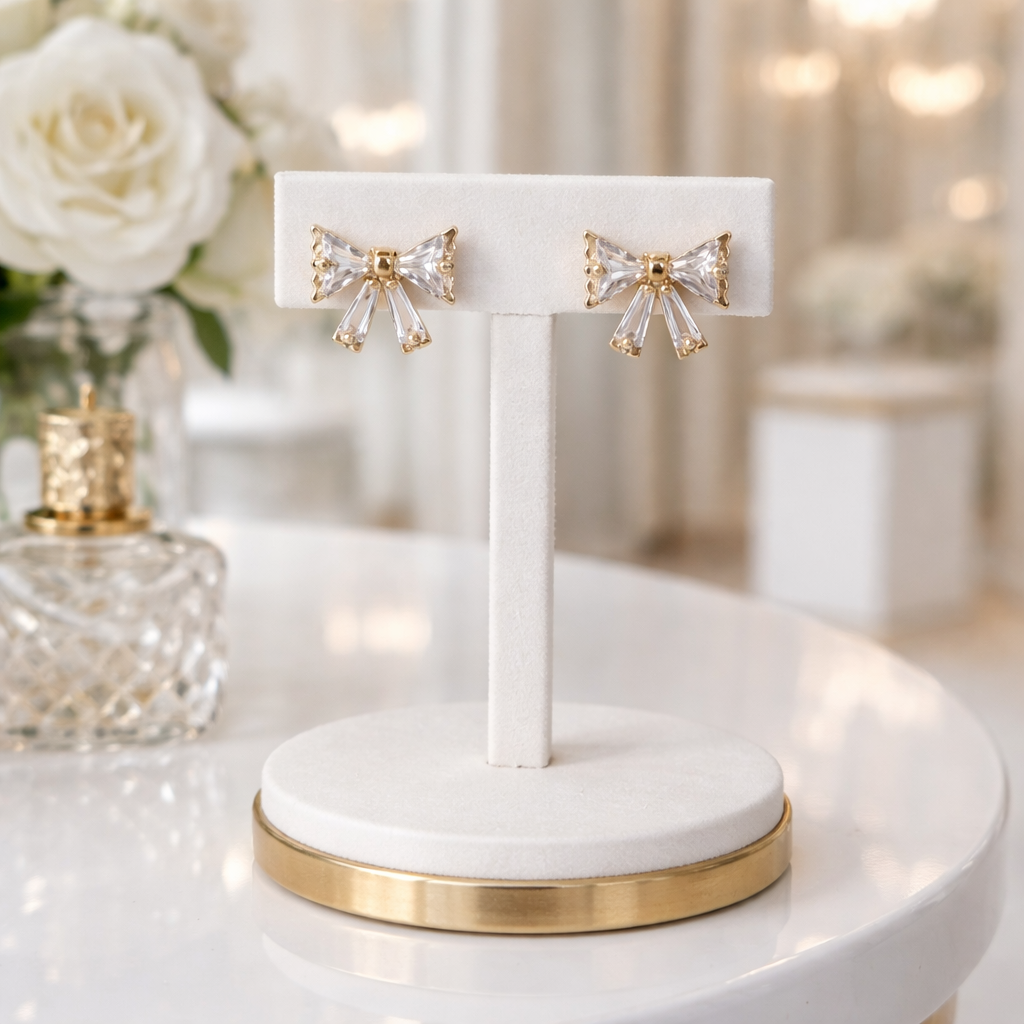 Bow Crystal Earrings - Gold Tone (Pierced)