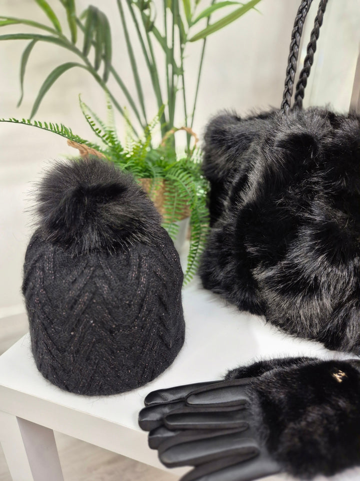 Oslo Fur Fur Pom Pom Hat with Gold Metallic Thread - Black
