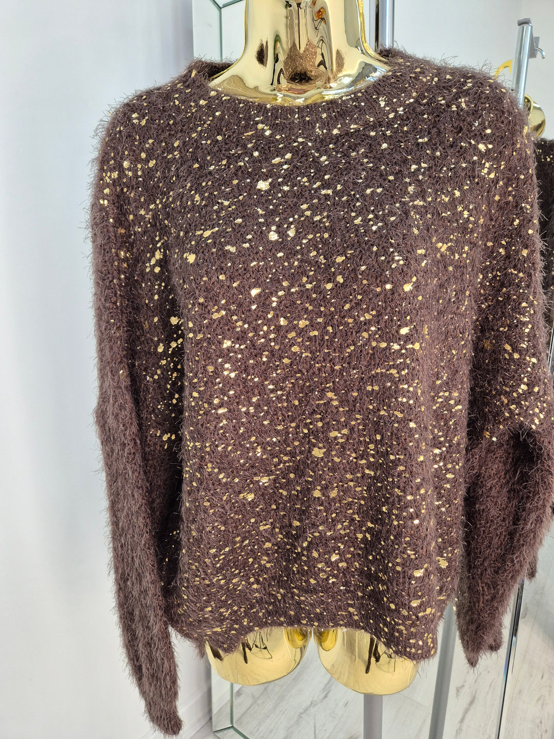 Gold Foil Sparkle Jumper - Chocolate (One Size, fits Size 10 up to Size 16)