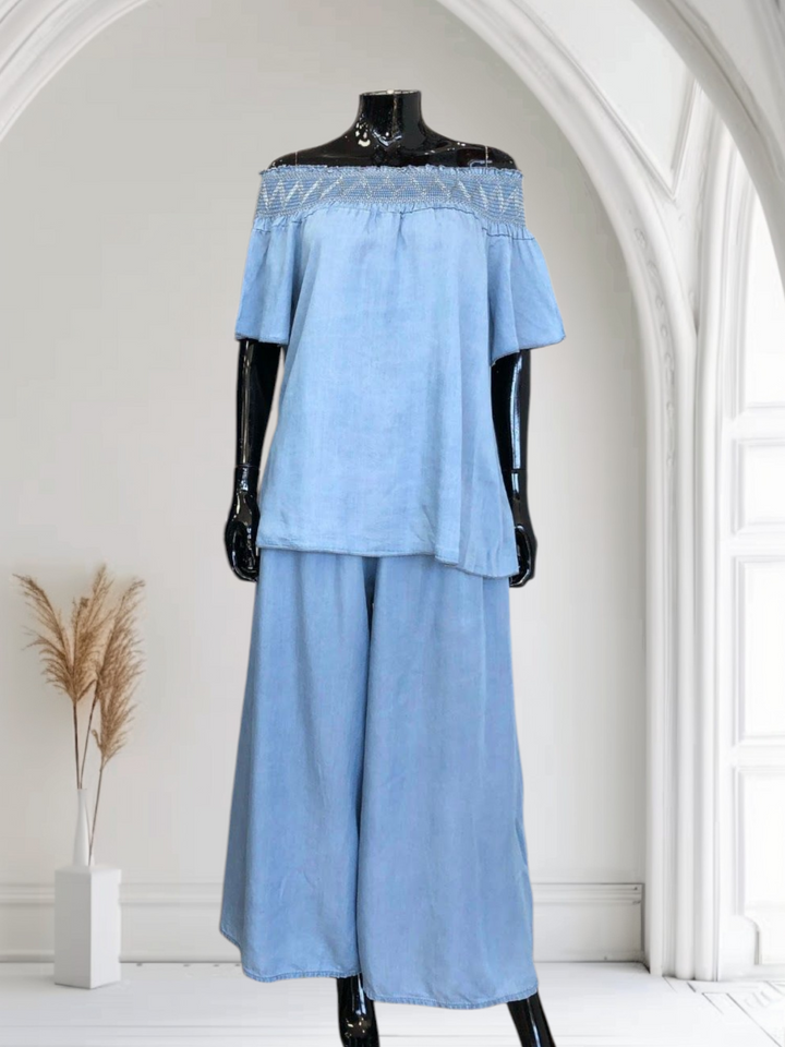 Dena Wide Leg & Bardot Top Co-ord - Chambray