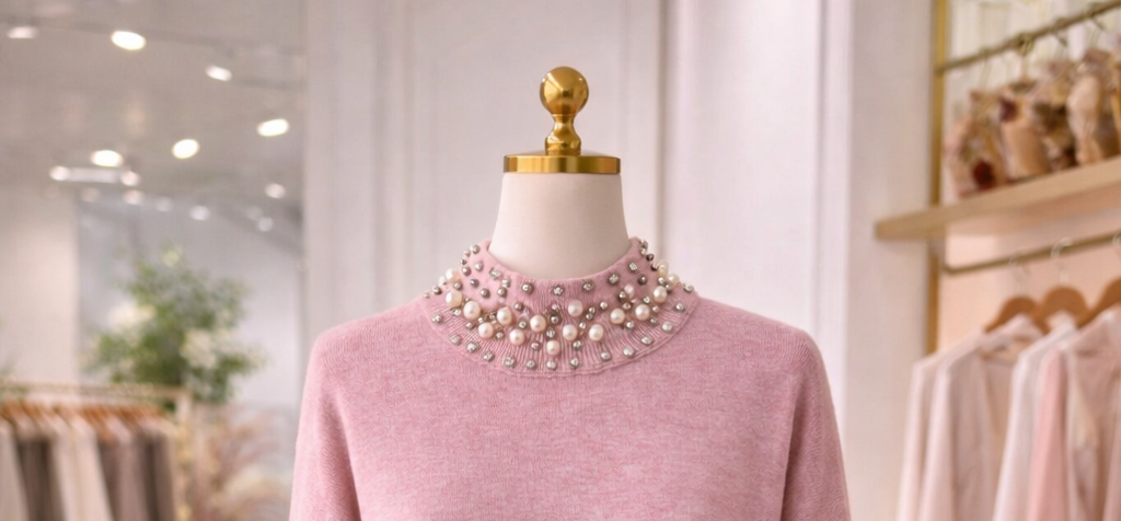 Crystal & Pearl High Neck Jumper - Pink (One Size fitting from Size 12 to Size 16)