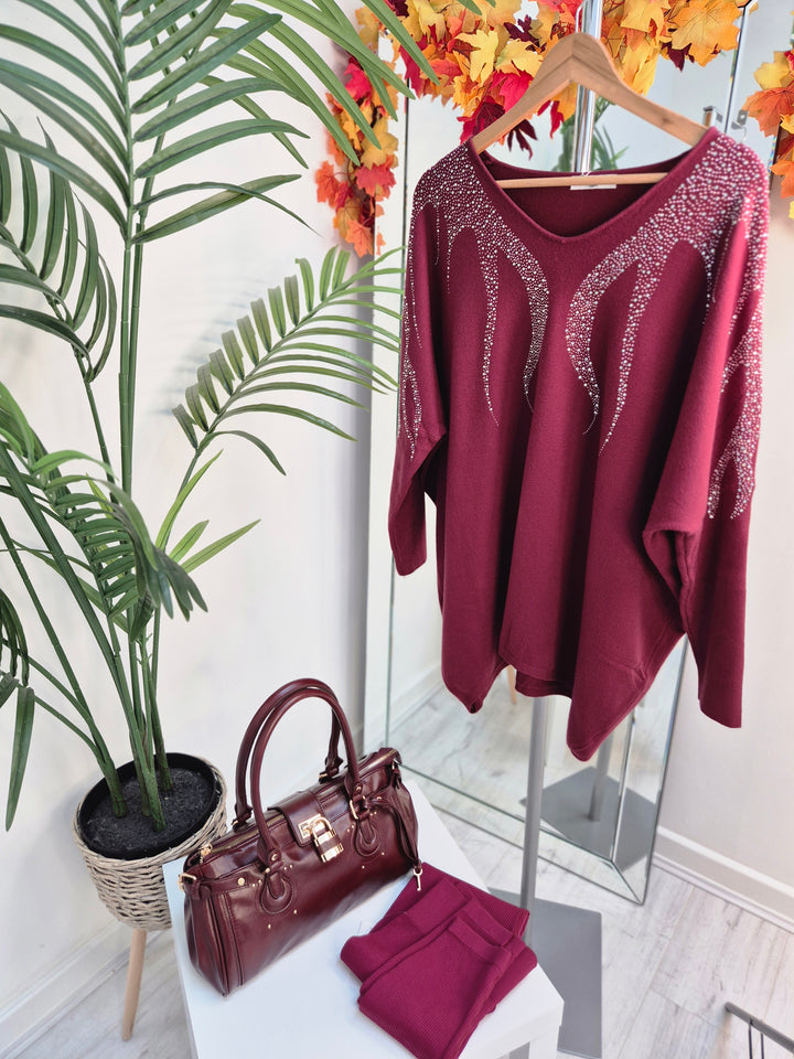 Sasha Sparkle Oversized Jumper - Wine (fitting from Size 14 up to Size 20)