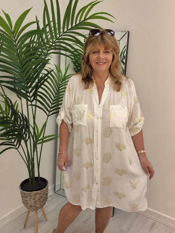 Ibiza Tree of Life Shirt Dress - White/Gold (Loose Fit)
