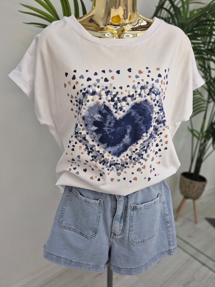 Blue Hearts Tee Shirt - White/Blue/Gold