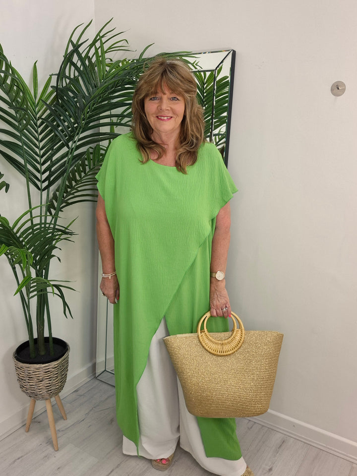Sassi Crossover Longline Tunic & Wide Leg Pants Co-ord Set  - Lime/White