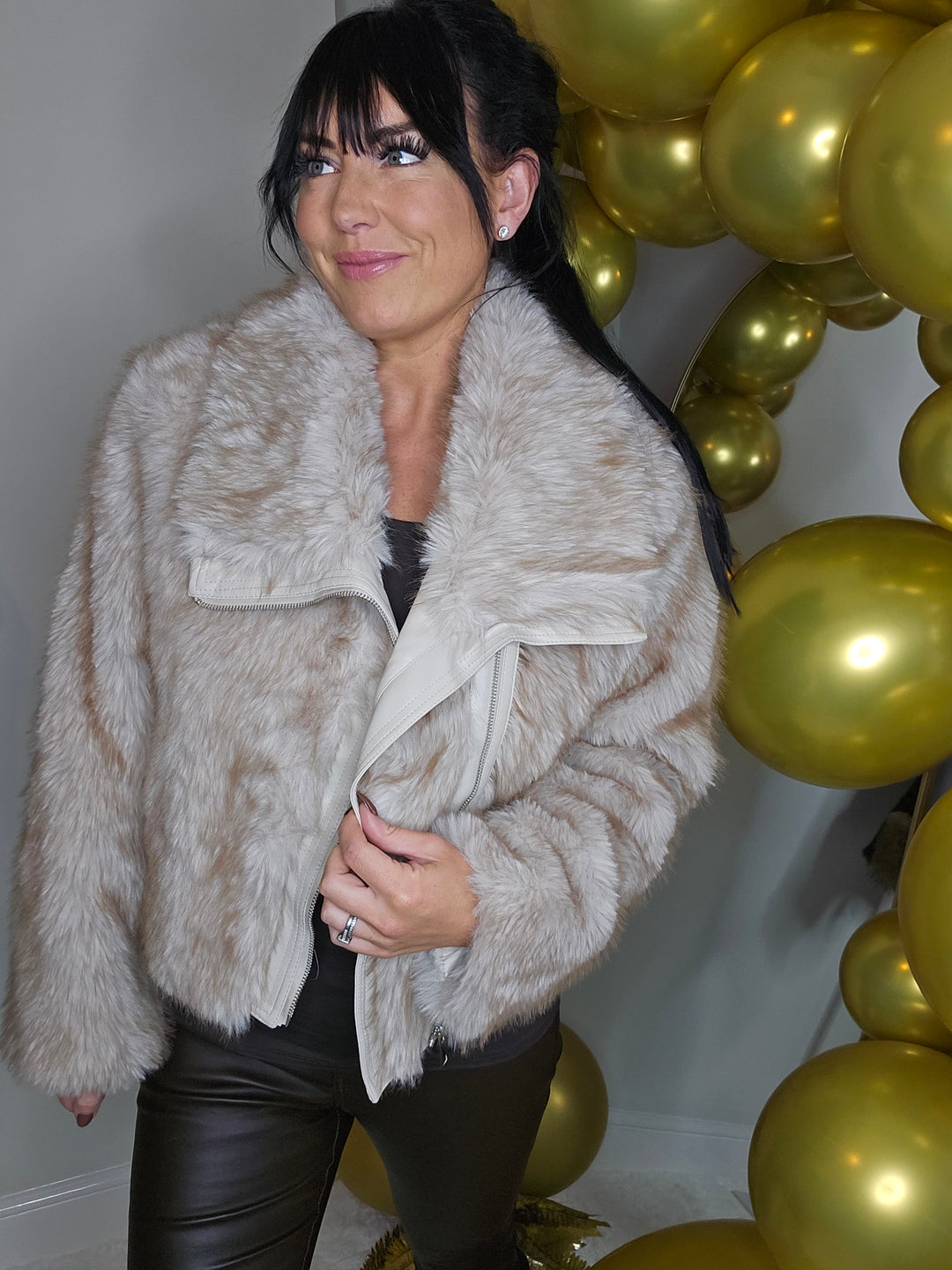 Oslo Faux Fur Jacket with Shawl Collar & Zip (One Size - fits from 10/12 up to Size 16) - Creamy Beige