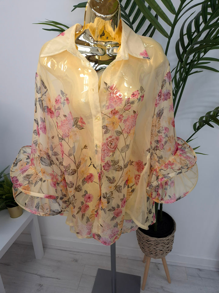 Alba Floral Chiffon Double Fluted Sleeve Blouse - (choose your Colour) - (Oversized)