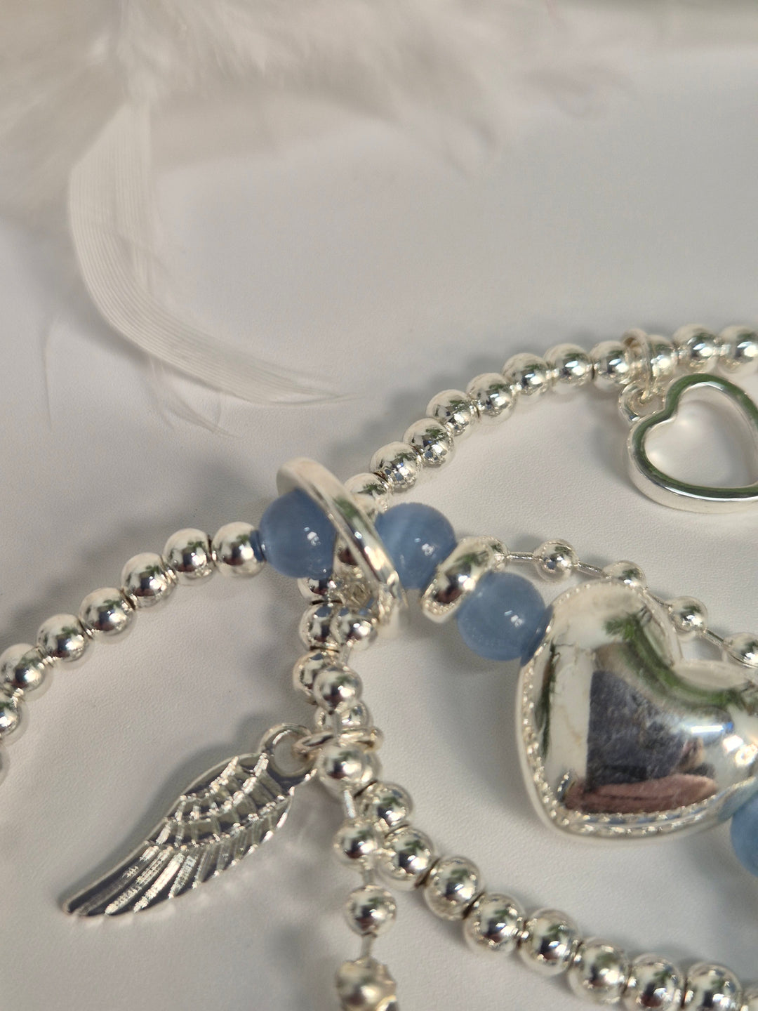 Stacking Bracelets - Angel Wings, Hearts, Camellia Flower - Charms (Blue & Silver Tone)