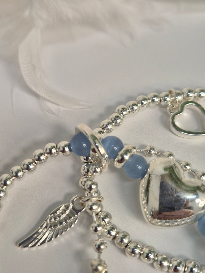 Stacking Bracelets - Angel Wings, Hearts, Camellia Flower - Charms (Blue & Silver Tone)