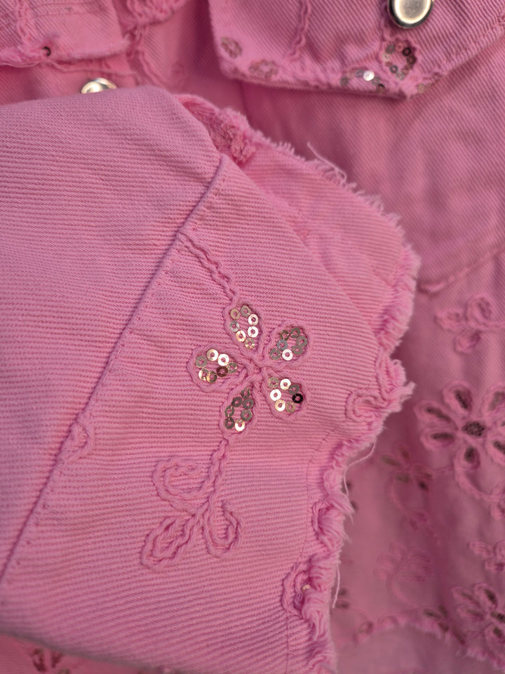 Dana Floral Sparkly Denim Shacket - Pink (One Size/Curvy, fitting from Size 10/12 up to Size 18)  PRE-ORDER FOR DELIVERY MONDAY 2ND MARCH