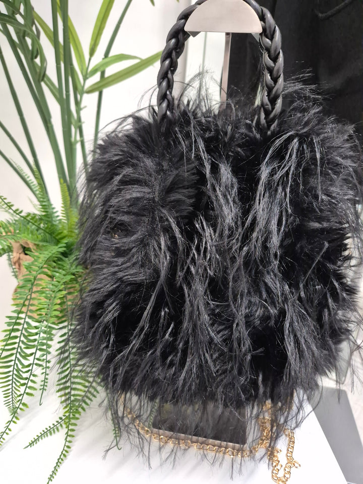 Oslo Faux Fur Shaggy Bag with Dual Handles & Chain Strap - Jet Black
