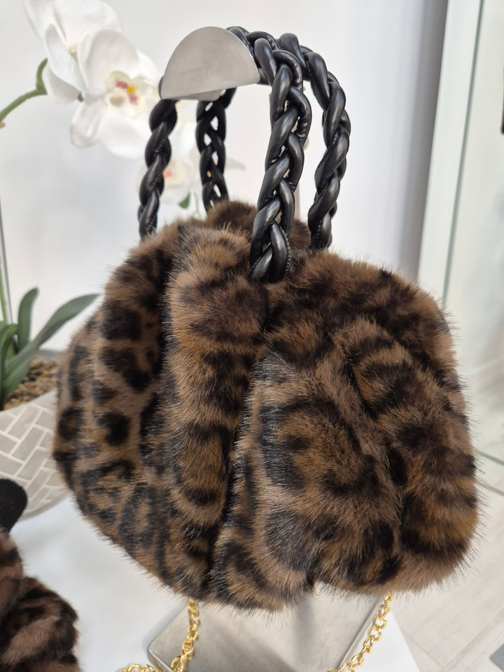 Oslo Faux Fur Bag with Gold Chain - Chocolate Leopard