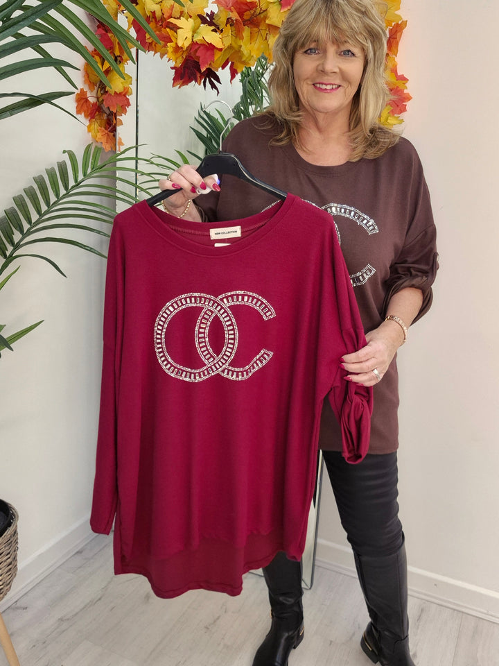 Coco Crystal & Diamante Oversized Hi Low Tops - Wine (fits from Size 14 up to Size 18/20)