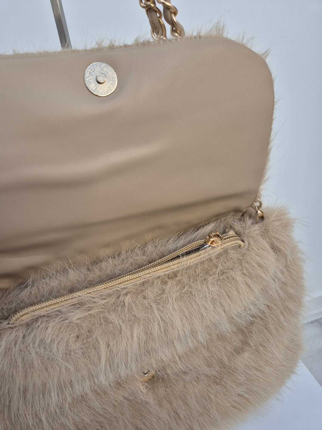 Oslo Faux Fur Bag with Gold Chain Link Dual Handles - Creamy Beige
