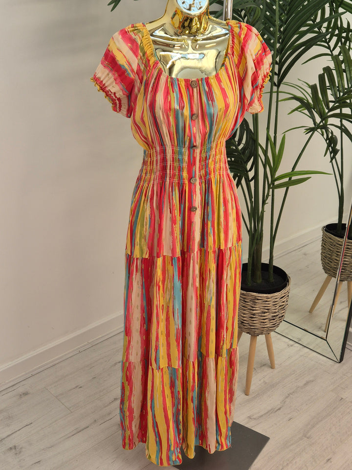 Malaga Midi Dress - Pink/Yellow/Gold - (One Size/Curvy, fitting from Size 10 to Size 16/Small 18)