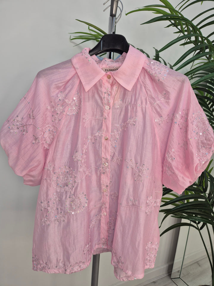 Patsy Puffball Sleeve Sparkly Blouse (One Size, fits from Size 10/12 up to Size 16) - Pink