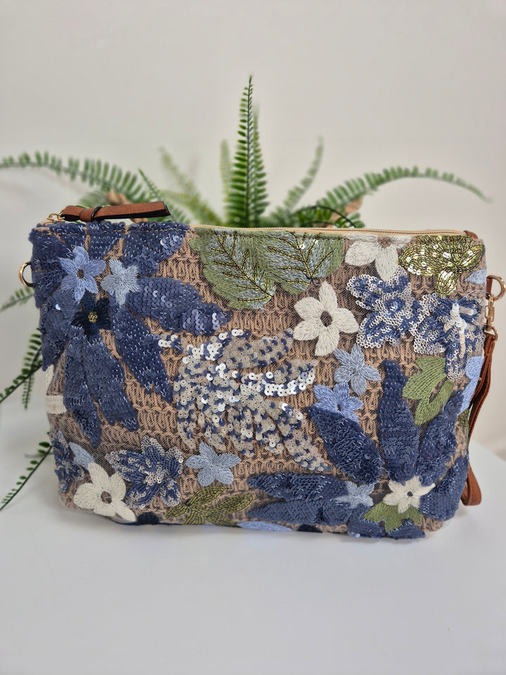 Floral Sequins Clutch Wristlet Bag - Blues