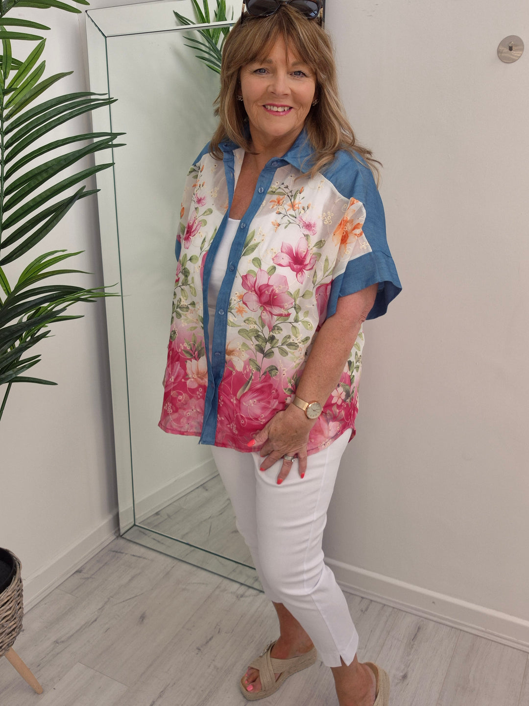 Floral Broderie Anglaise Blouse with Sequins - (Oversized)