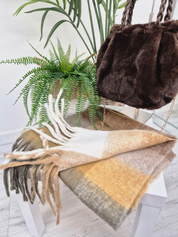 Checked Scarf with Fringing - Chocolate Multi