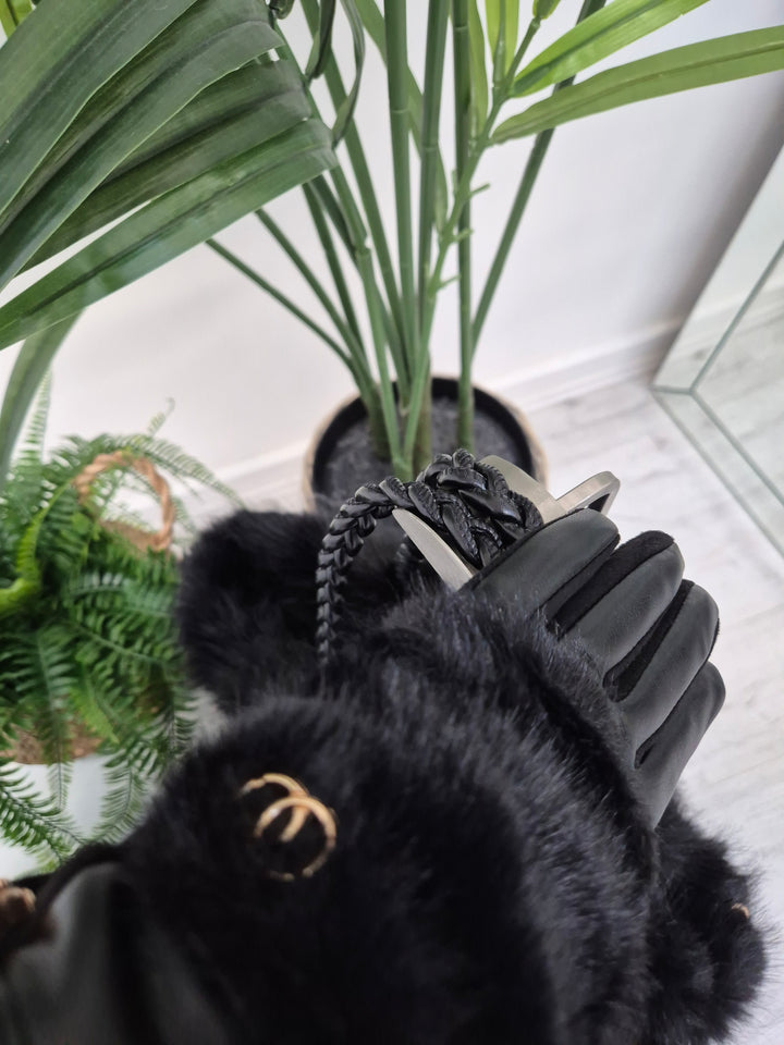 Oslo Gloves with Faux Leather & Faux Fur - Black with Gold Tone Logo