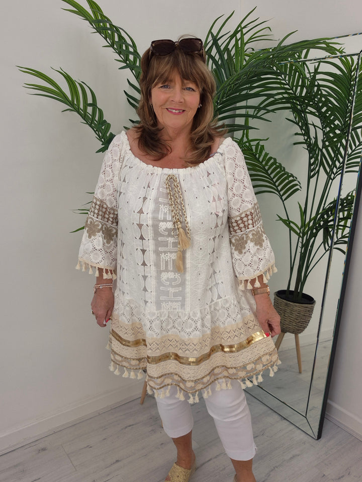 Ibiza Bardot Kaftan/Beach Dress - White/Gold - (Oversized)