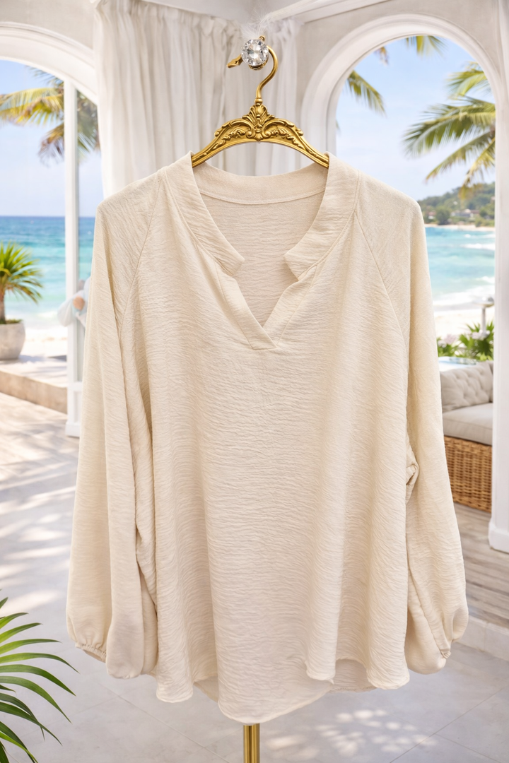 Mandy Mandarin Collar Blouse - Latte (One Size/Curvy - fitting from Size 16 up to Size 20)