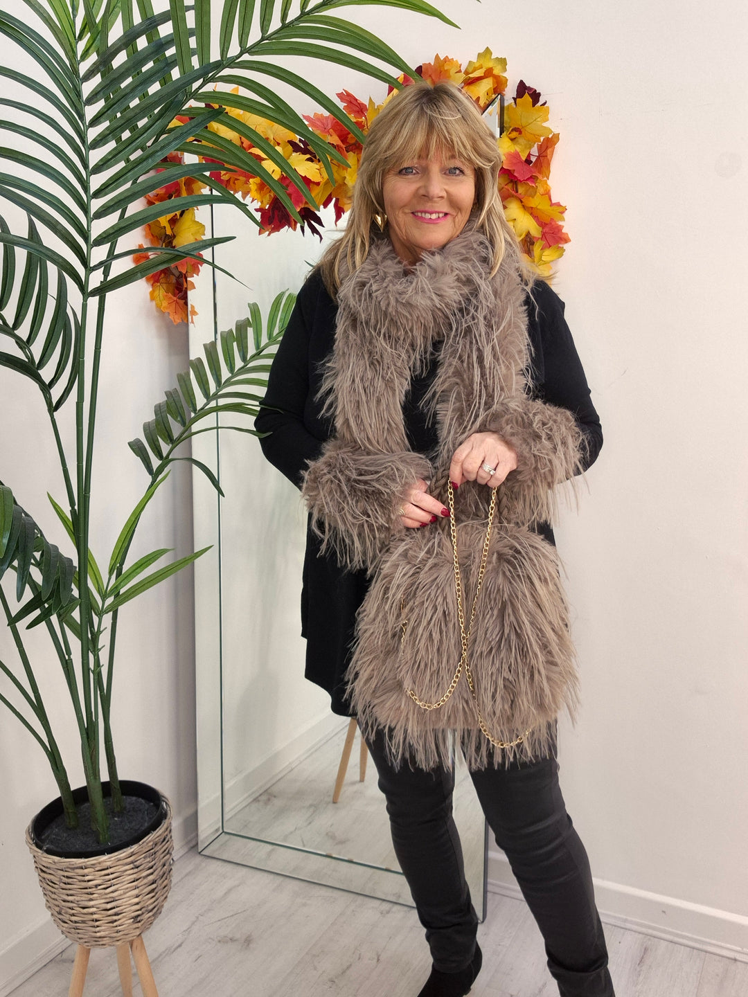 Oslo Faux Fur Shaggy Bag with Dual Handles & Chain Strap - Mocha