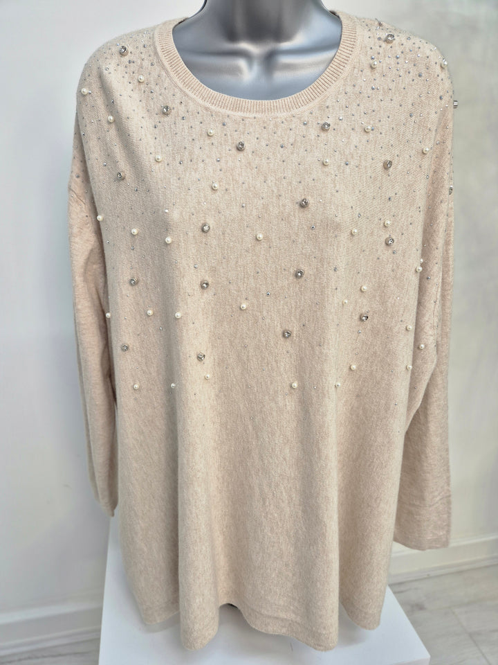 Angie Pearl & Crystal Fine Knit Oversized Jumper - Beige (One Size/Curvy - fitting from Size 14/16 up to Size 20)