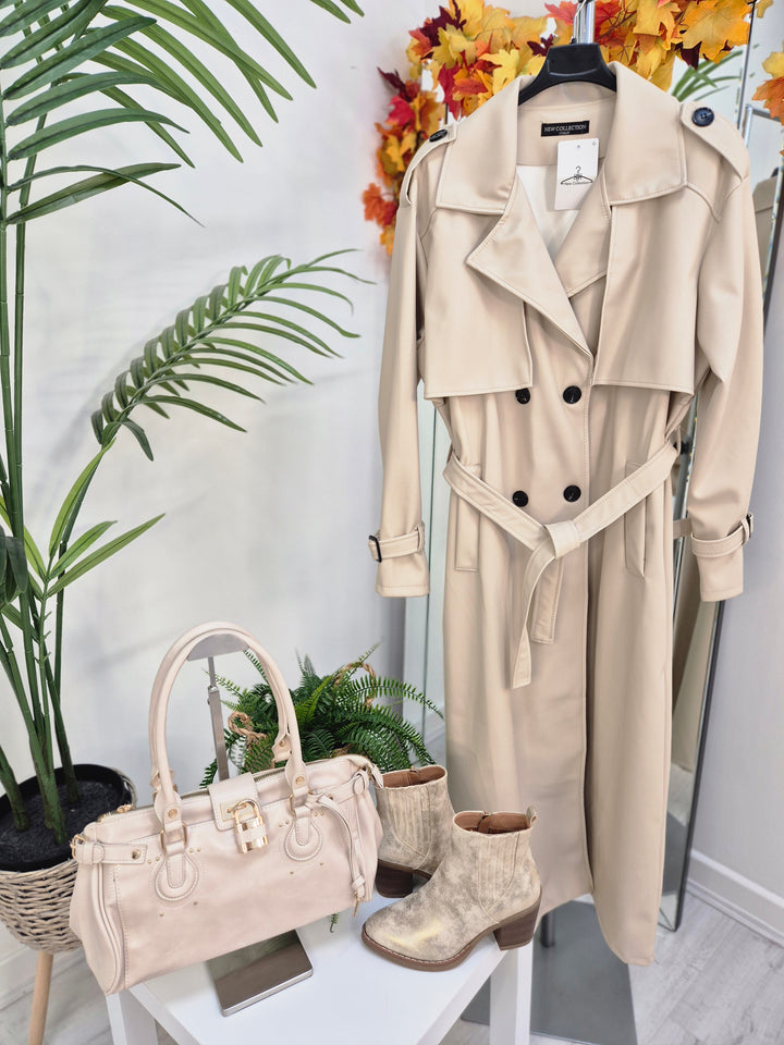 Sandringham PU Longline Trench Coat - Beige (One Size fits Size 10 up to Size 16)