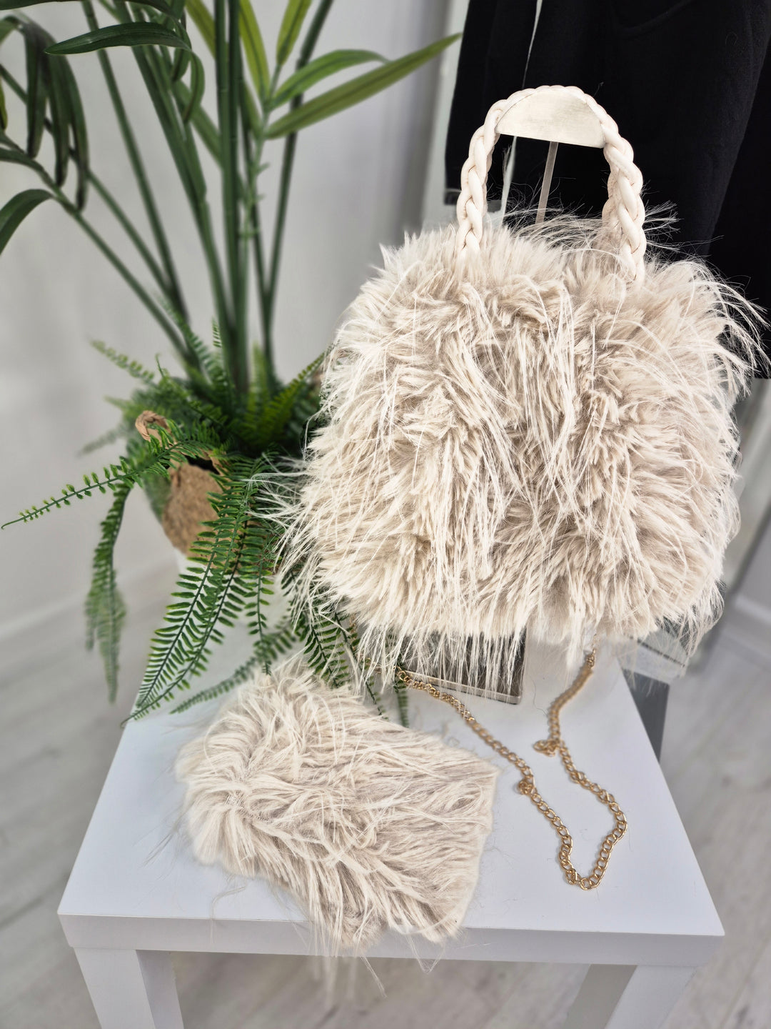 Oslo Faux Fur Shaggy Bag with Dual Handles & Chain Strap - Cream