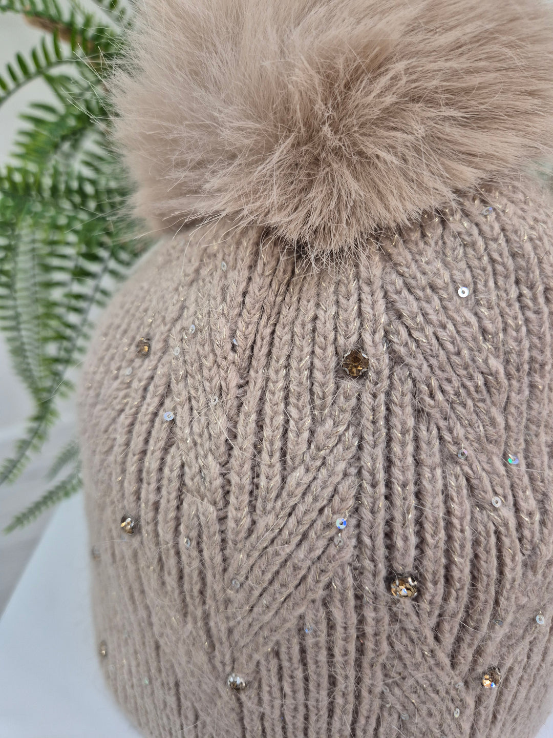 Oslo Fur Fur Pom Pom Hat with Crystals & Metallic Thread - Biscuit