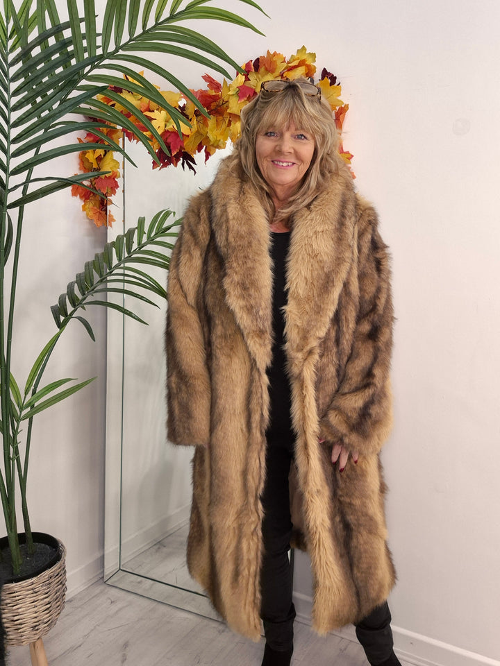 Oslo Faux Fur Longline Coat - Camel (One Size - fitting Size 10/12 up to Size 16/18)