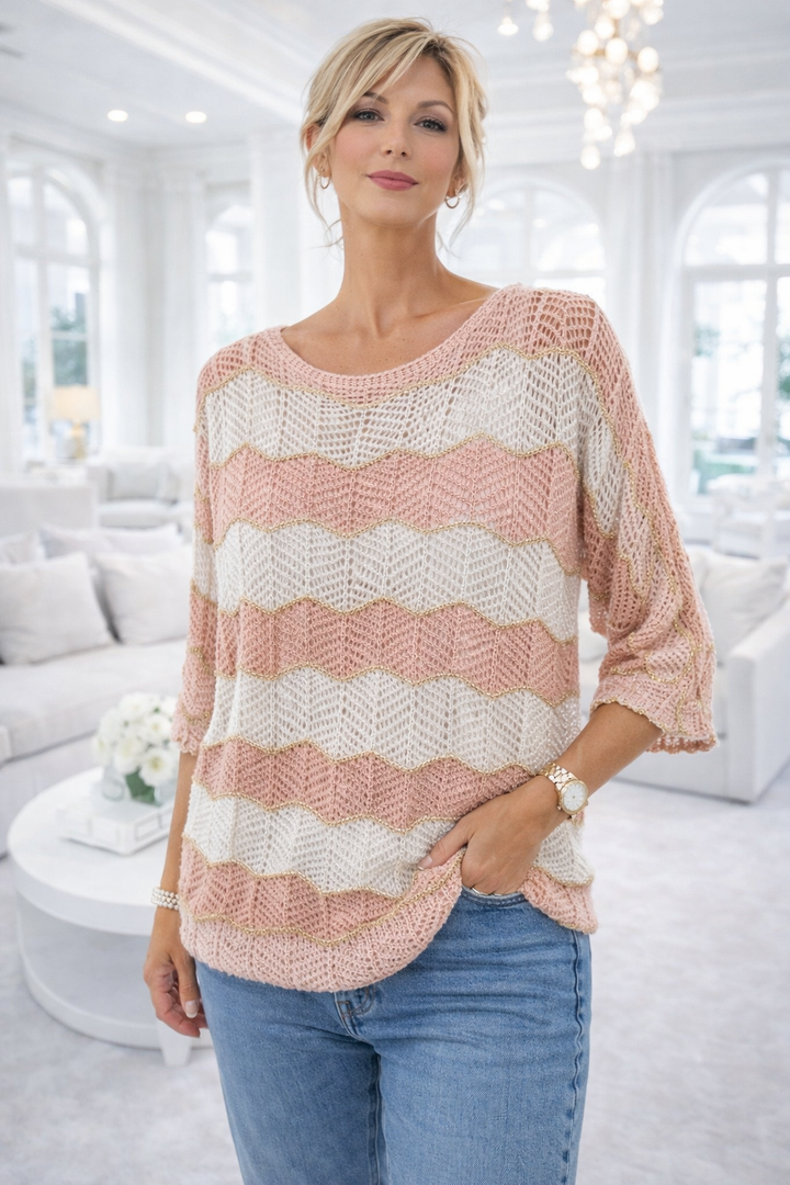 Verity Sparkly Zig Zag Crochet Top (Loose Fit/One Size - fits from Size 12/14 up to Size 16/18) - Pink/White/Gold
