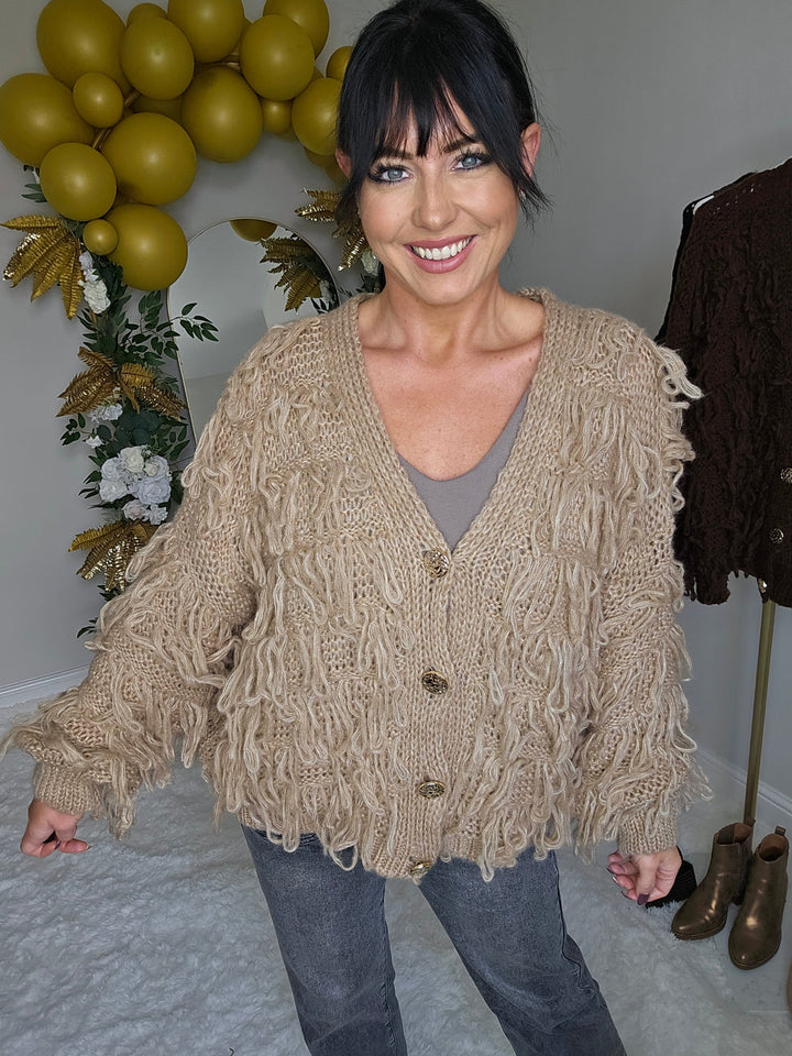 Shaggy Cardigan with Gold Buttons (Oversized) Long Length - Camel