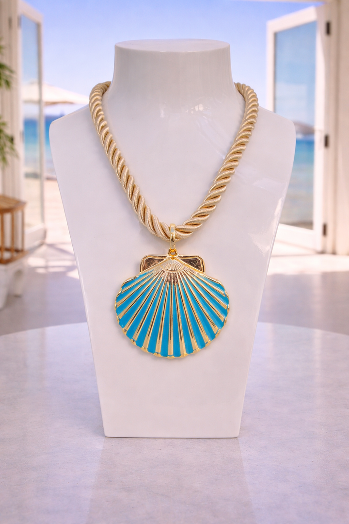 Shell Necklace & Earrings Set (Gold Tone) - Aqua