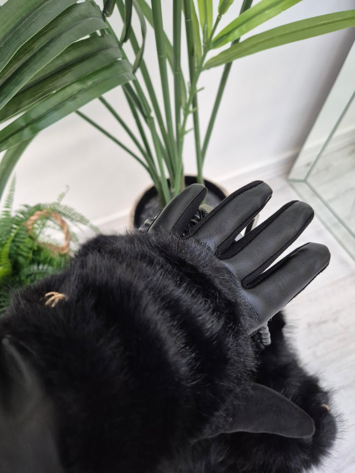 Oslo Gloves with Faux Leather & Faux Fur - Black with Gold Tone Logo