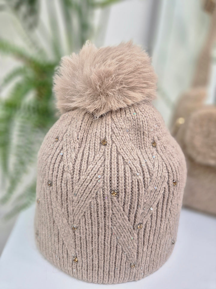 Oslo Fur Fur Pom Pom Hat with Crystals & Metallic Thread - Biscuit
