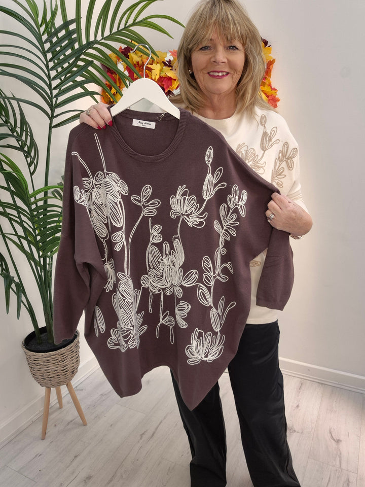 Eva Embroidered Sparkle Jumper - Chocolate (fitting from Size 14 up to Size 18/20)