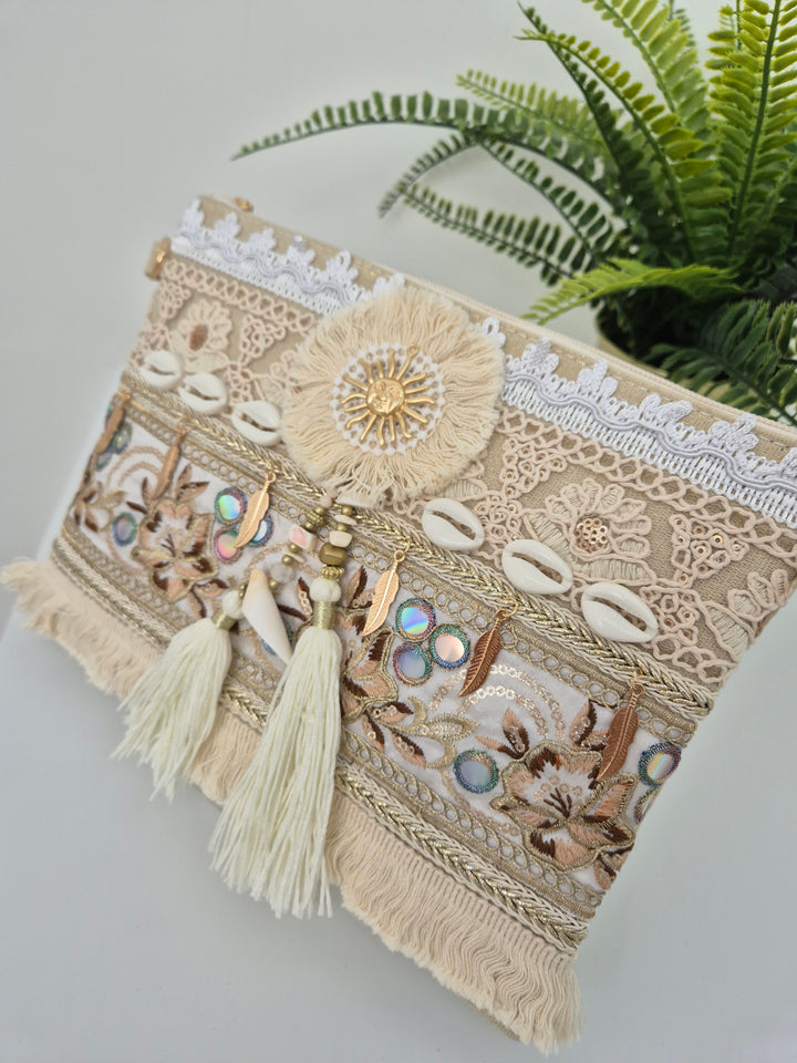 Seashells, Sun, Tassels Clutch Bag - Natural