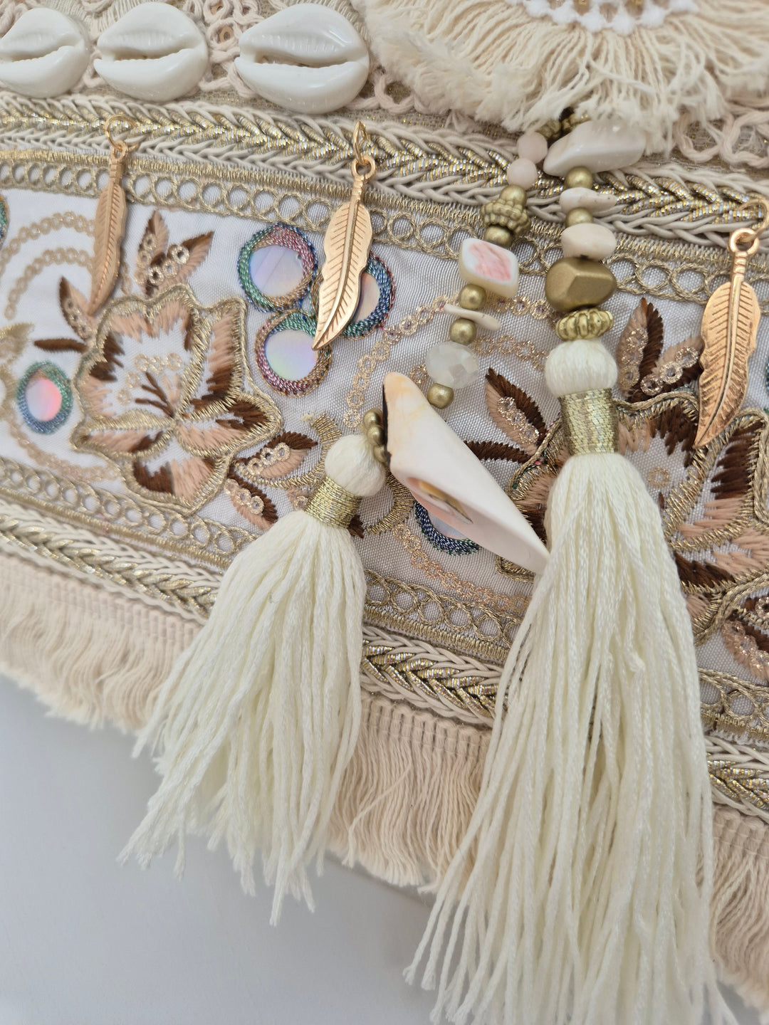 Seashells, Sun, Tassels Clutch Bag - Natural