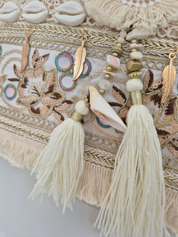 Seashells, Sun, Tassels Clutch Bag - Natural