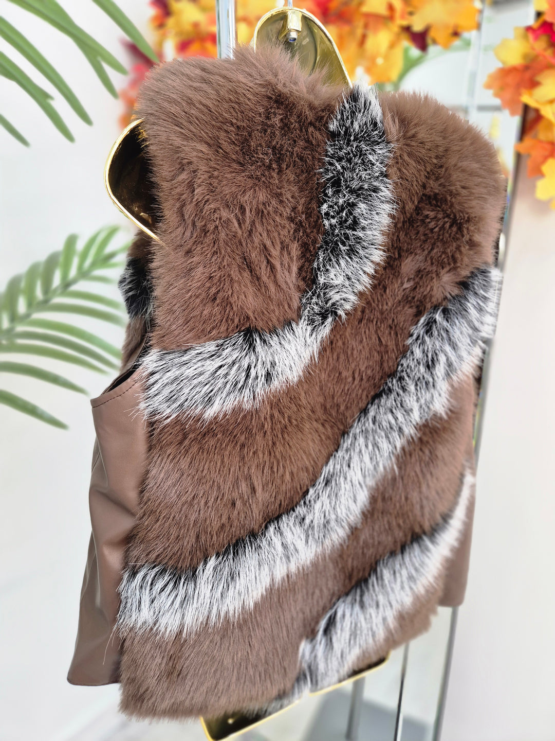 Oslo Faux Fur Two Tone Gilet with Crystal Fastenings - Chocolate (One Size - fits up to Size 10 up to Size 16)