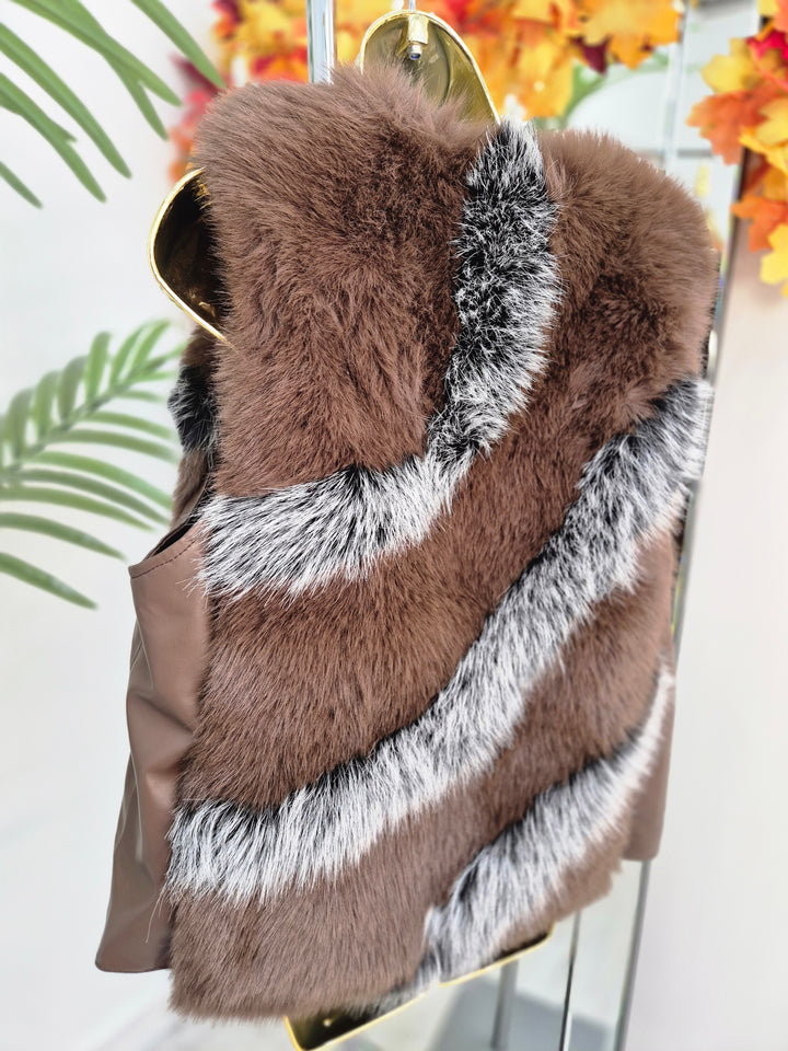 Oslo Faux Fur Two Tone Gilet with Crystal Fastenings - Chocolate (One Size - fits up to Size 10 up to Size 16)
