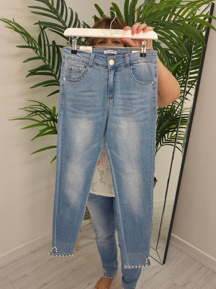 Crystal & Pearl Ankle Grazer Jeans - Stonewashed - (choose your Size)