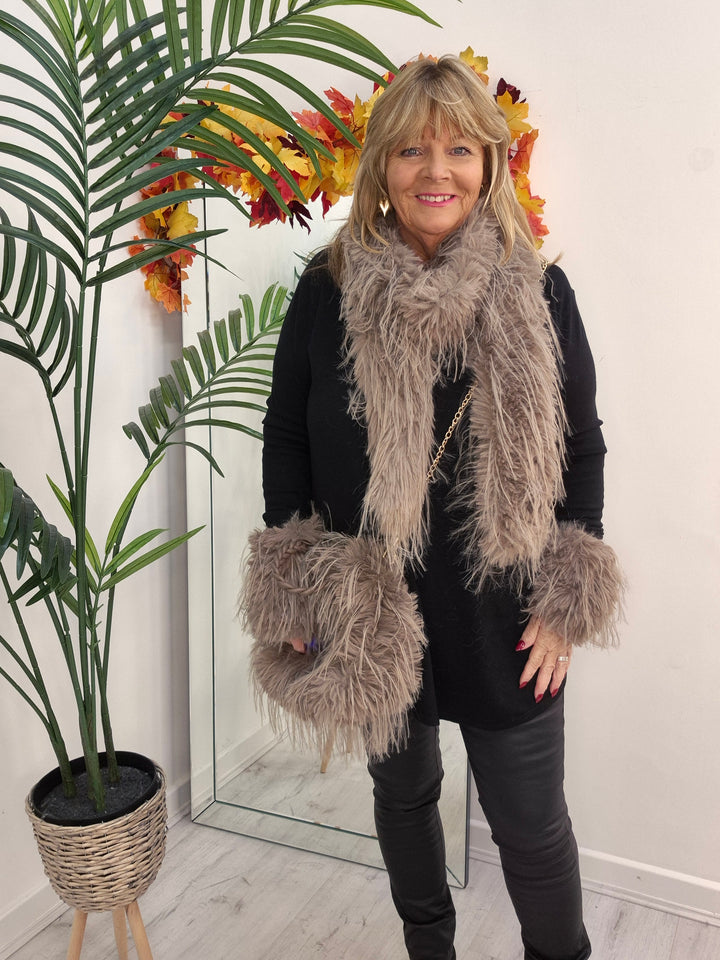 Oslo Faux Fur Shaggy Bag with Dual Handles & Chain Strap - Mocha