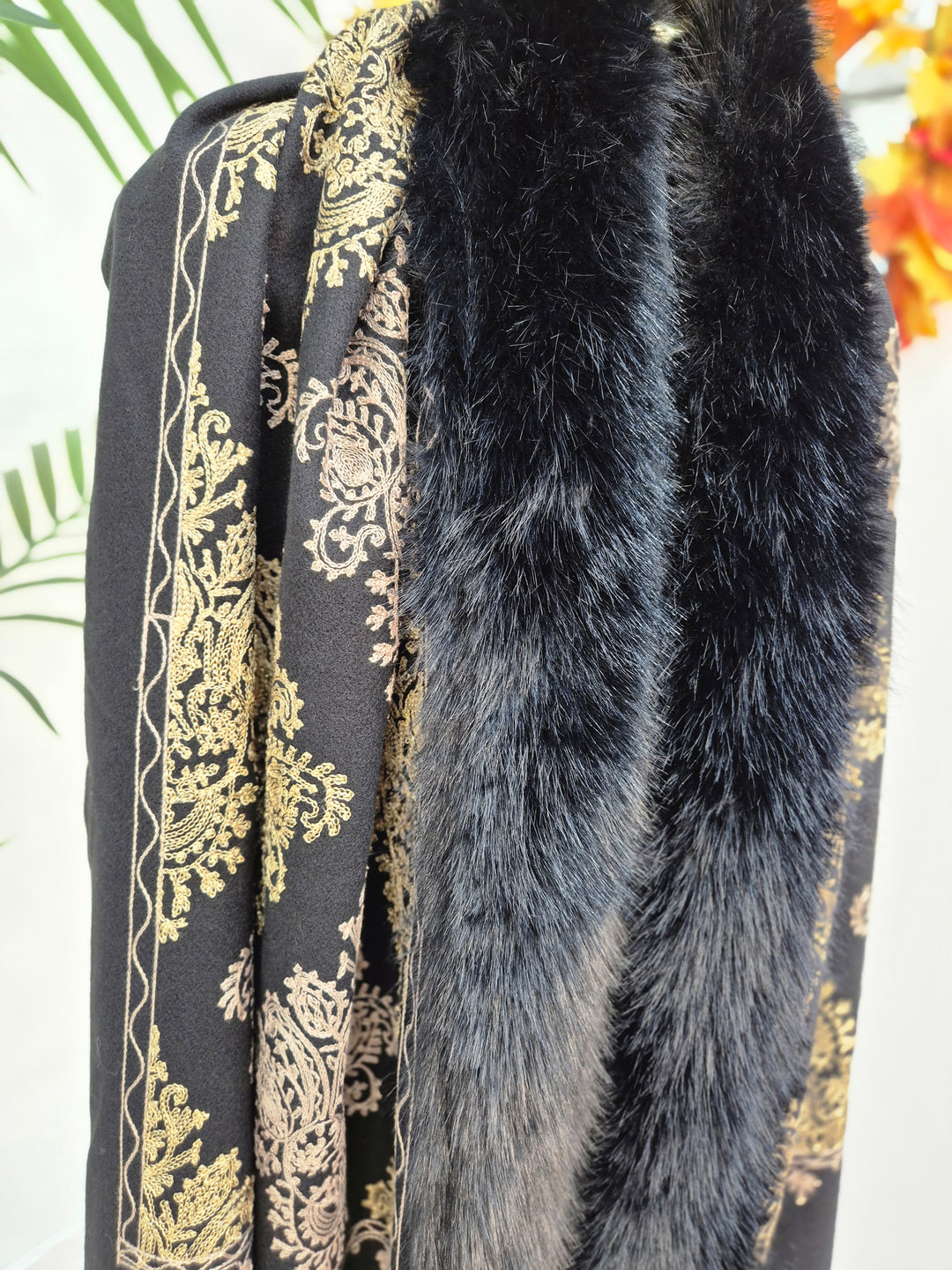Oslo Faux Fur Shawl/Wrap - Black/Gold (Oversized)