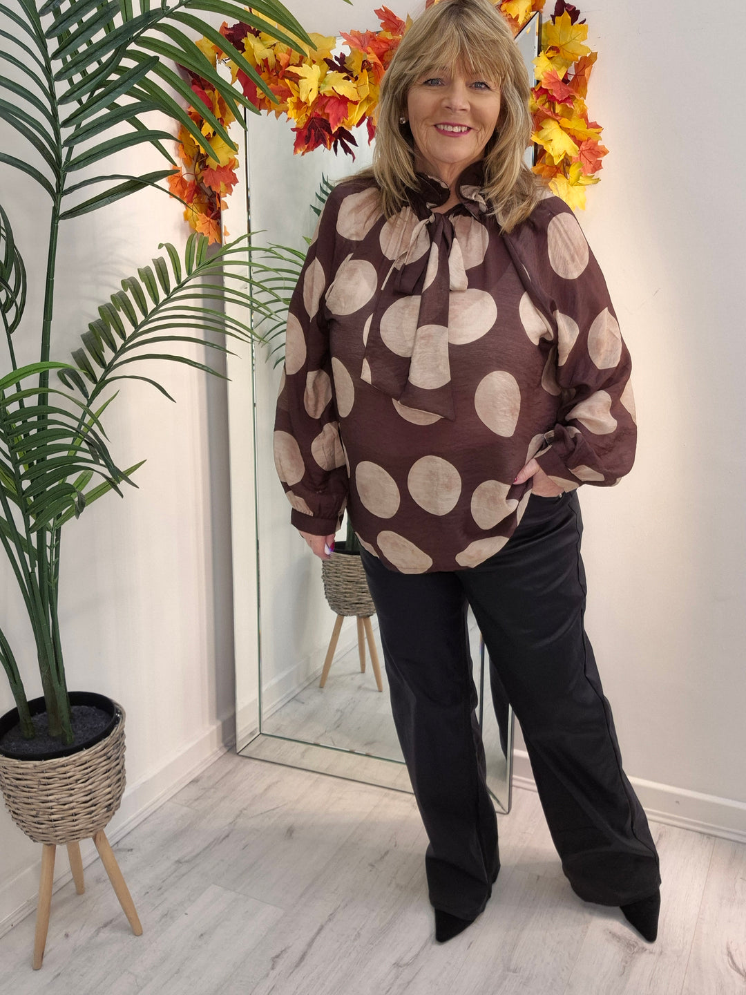 Dotty Oversized Blouse - (One Size/Curvy Size, fits from Size 14/16 to Size 20) - Chocolate