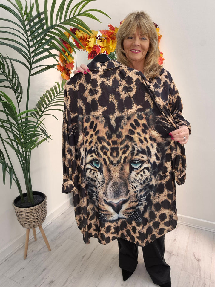 Zina Oversized Leopard Blouse - (One Size/Curvy Size, fits from Size 14/16 to Size 20)